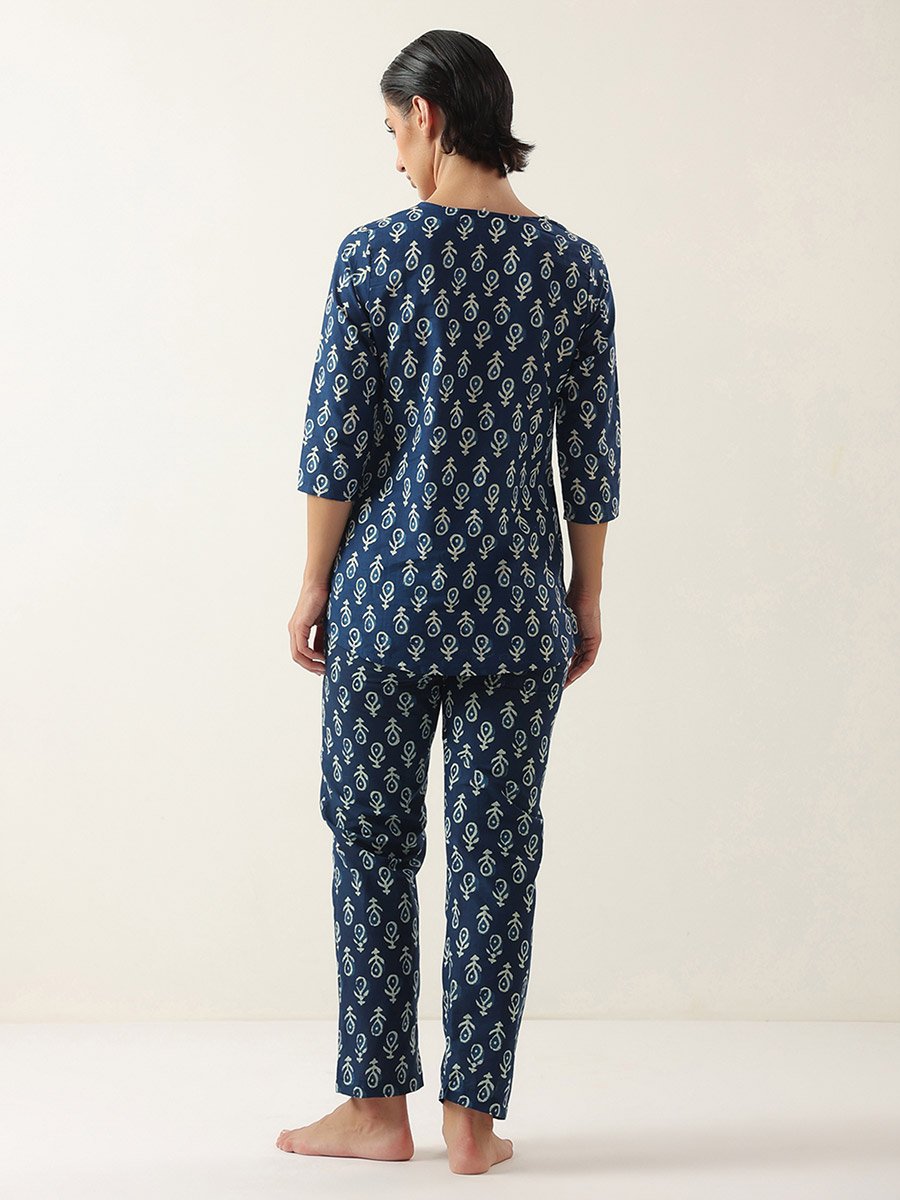 Blue Printed 3/4 Sleeves Cotton Top and Pyjama Set