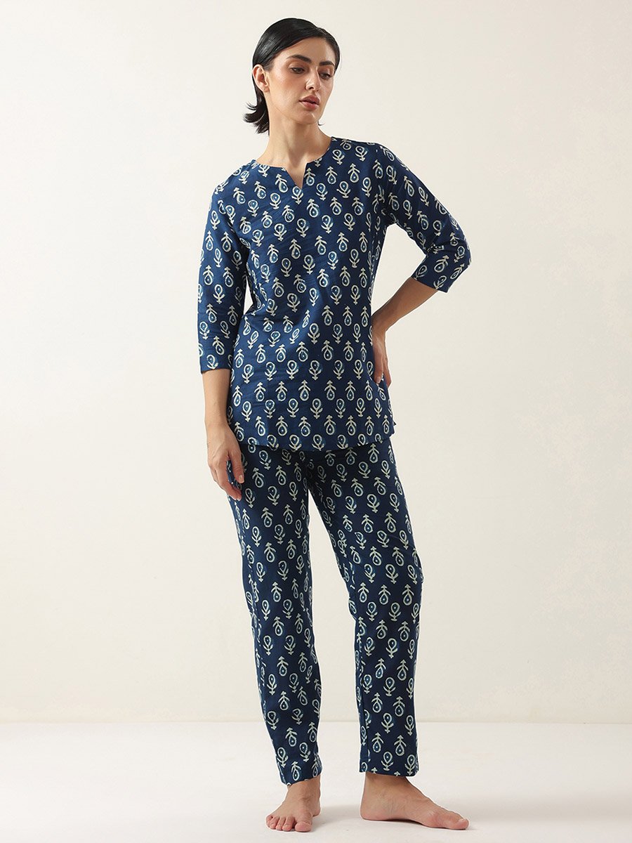 Blue Printed 3/4 Sleeves Cotton Top and Pyjama Set