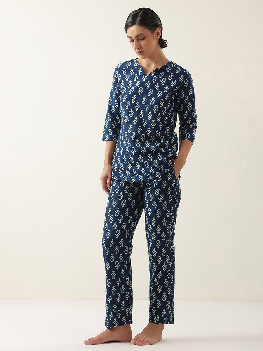 Blue Printed 3/4 Sleeves Cotton Top and Pyjama Set