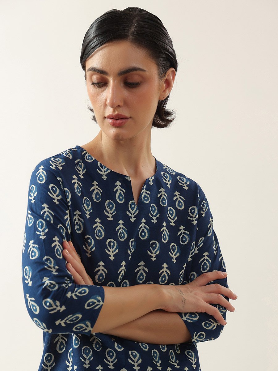 Blue Printed 3/4 Sleeves Cotton Top and Pyjama Set