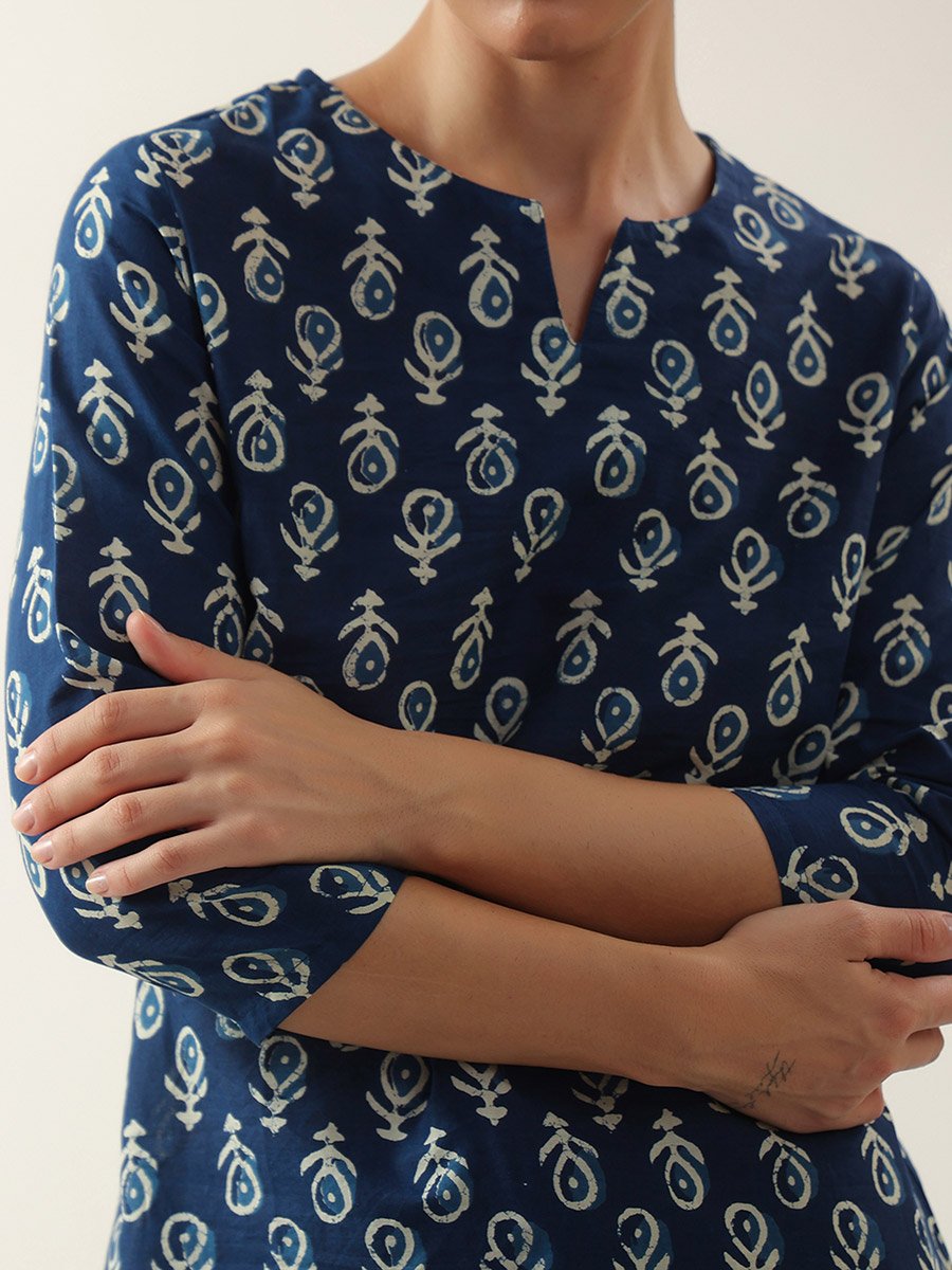 Blue Printed 3/4 Sleeves Cotton Top and Pyjama Set