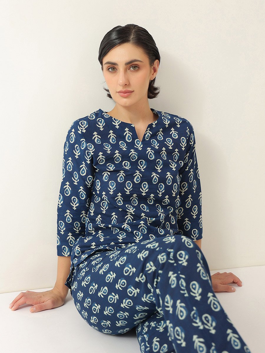Blue Printed 3/4 Sleeves Cotton Top and Pyjama Set
