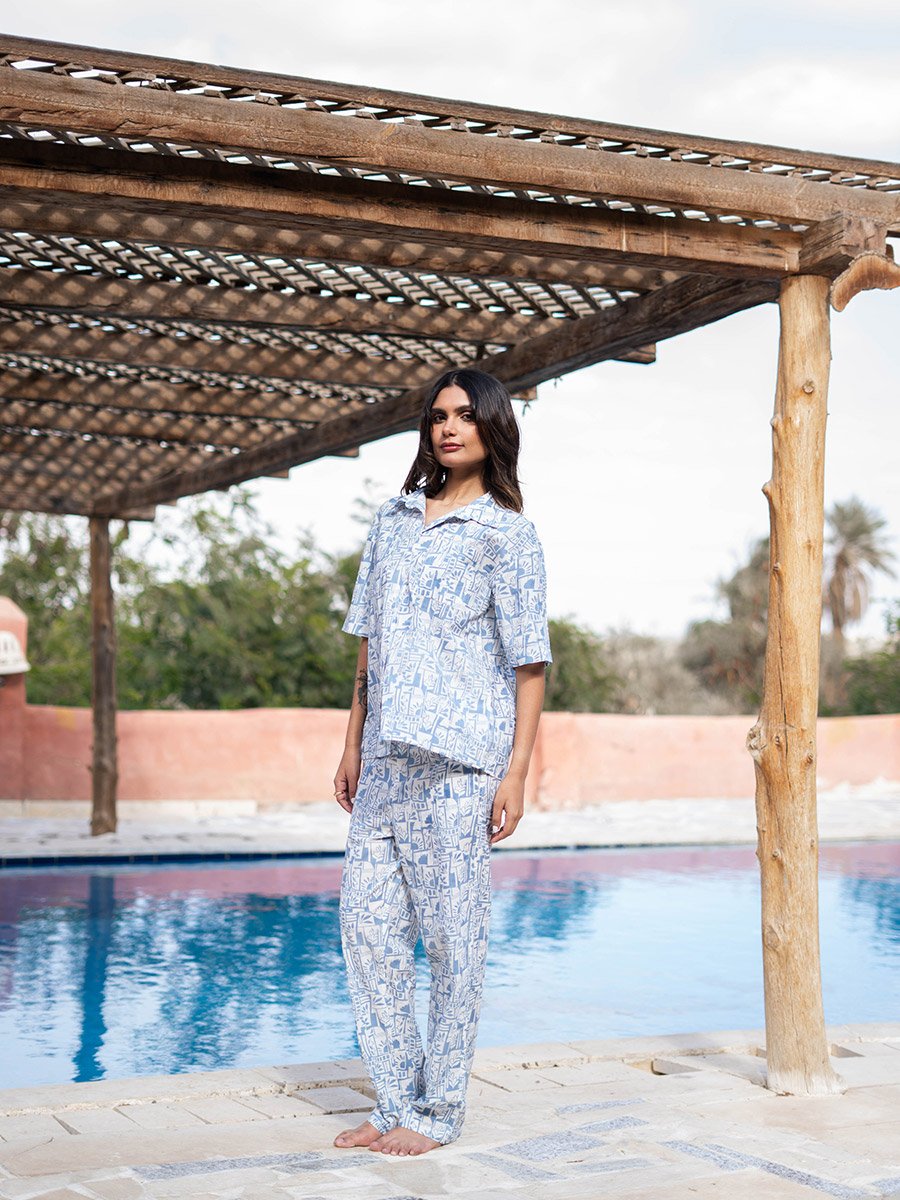 Blue All Over Print Shirt and Pyjama Set
