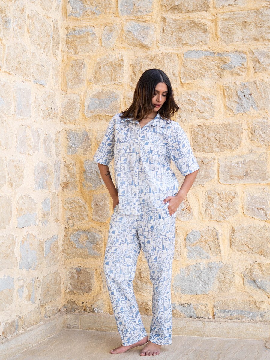 Blue All Over Print Shirt and Pyjama Set