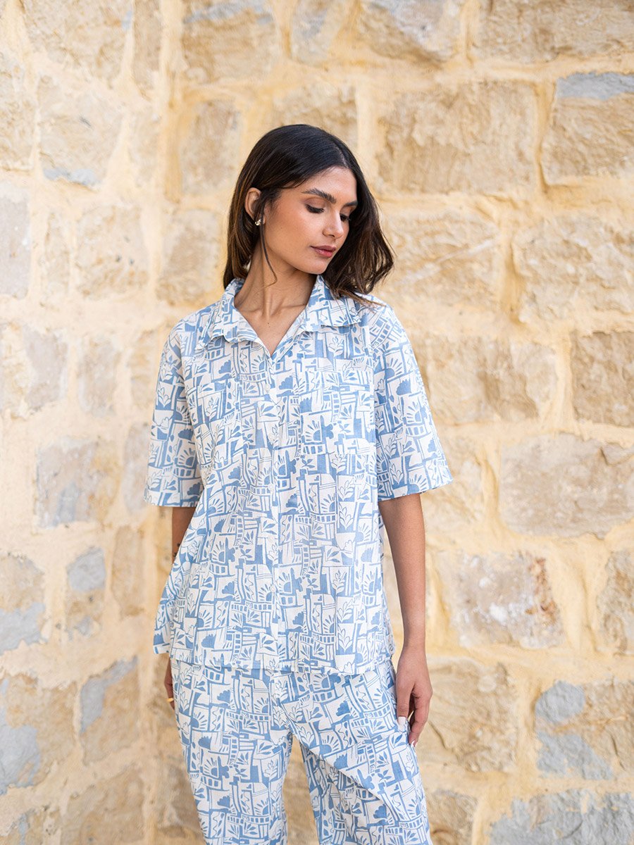 Blue All Over Print Shirt and Pyjama Set