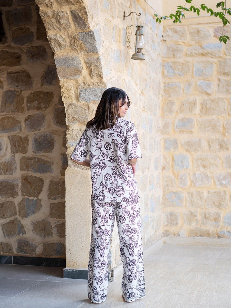 White Fruit Print Cotton Shirt and Pyjama Set