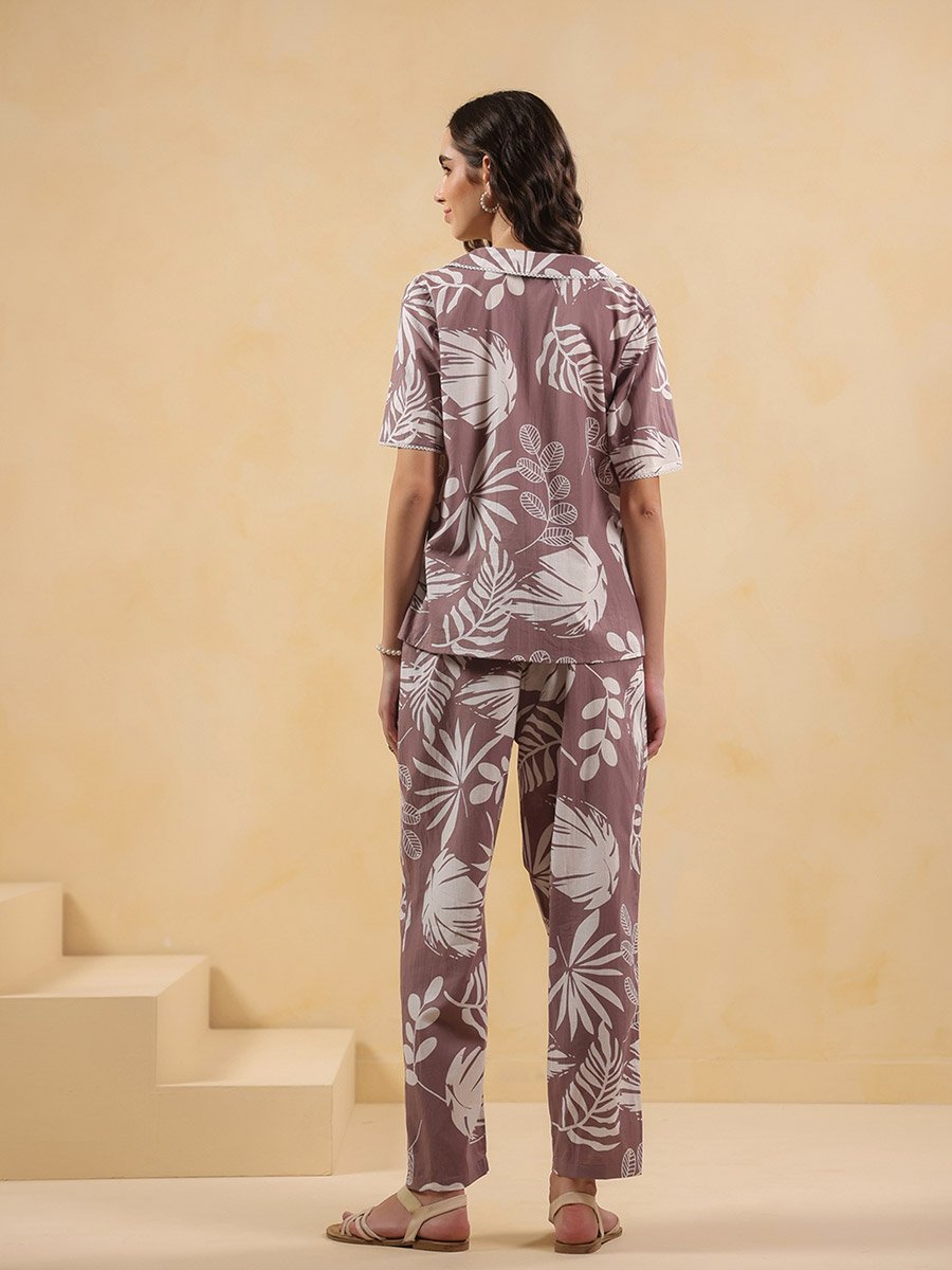 Purple Floral Cotton Shirt and Pyjama Set