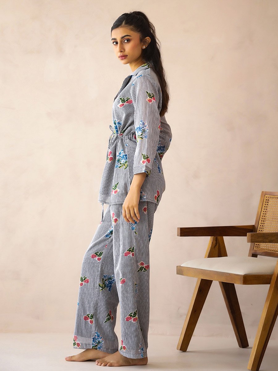 Black Floral Lapel Collar Cotton Shirt and Pants Pyjama Set