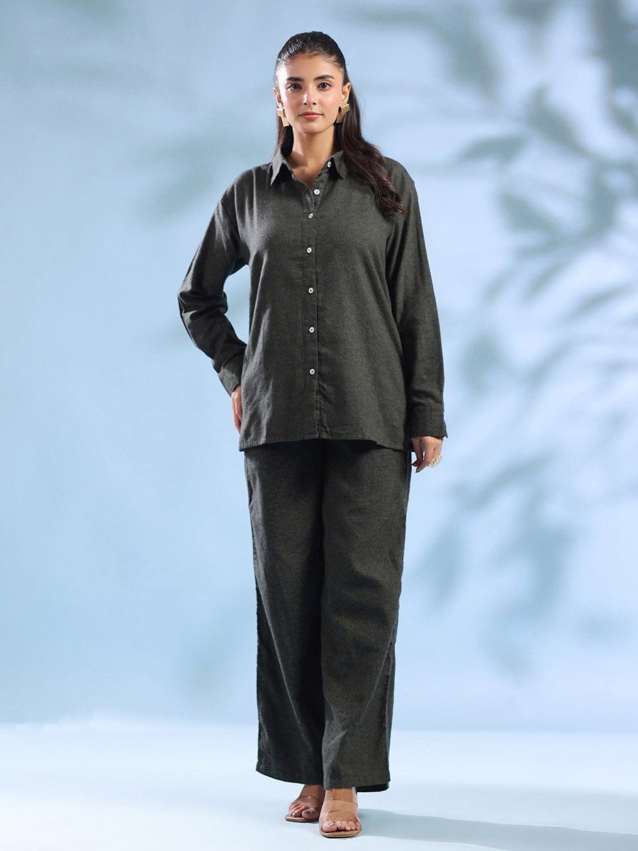 Olive Cotton Buttoned Shirt and Pants Co-Ords Set