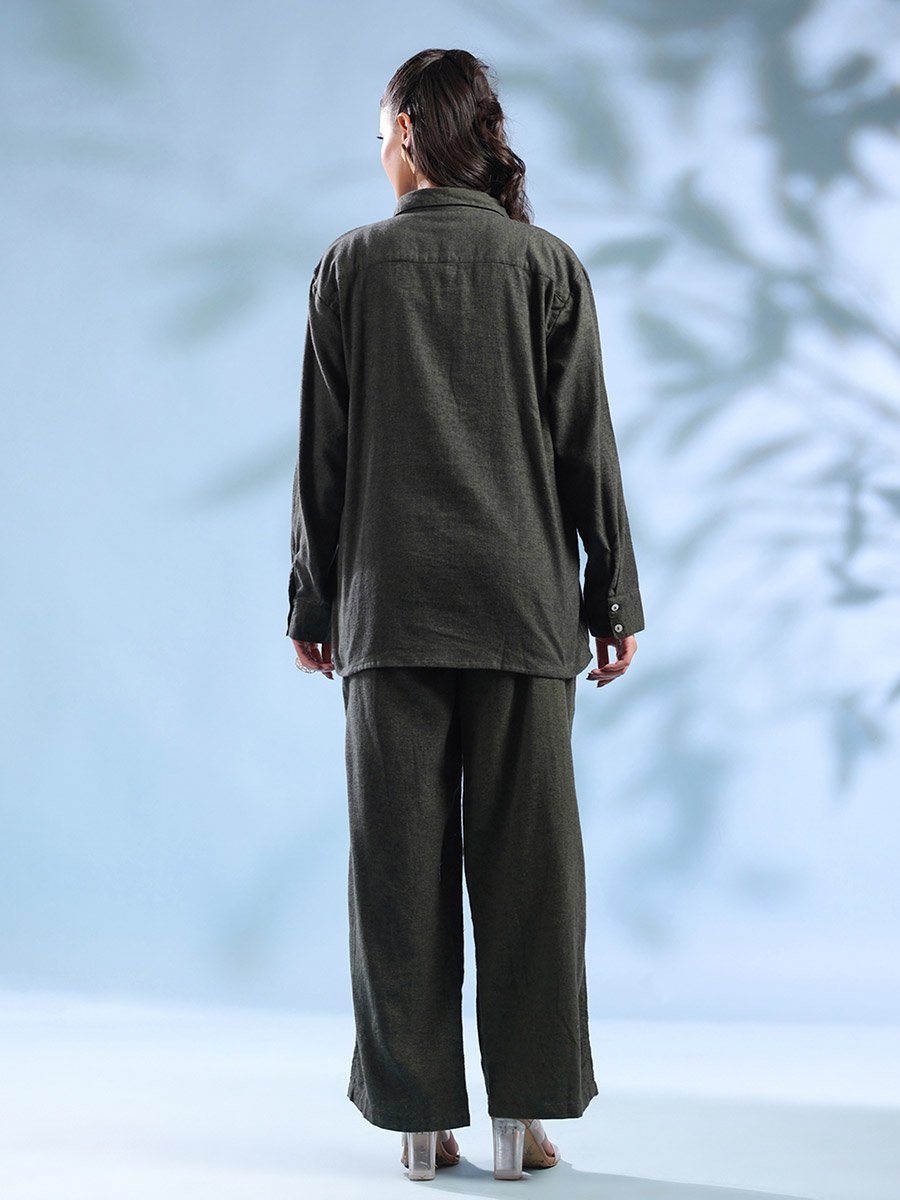 Olive Cotton Buttoned Shirt and Pants Co-Ords Set