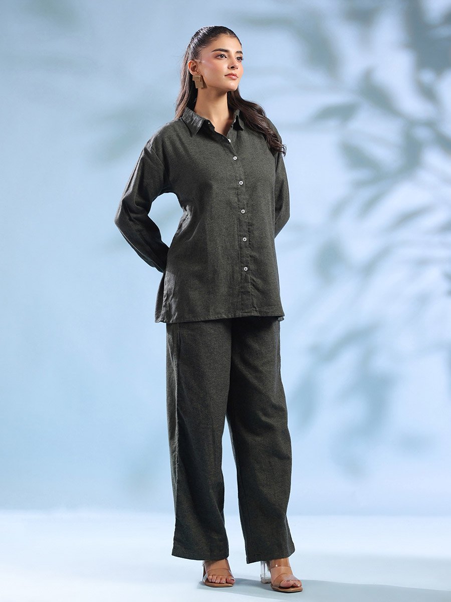 Olive Cotton Buttoned Shirt and Pants Co-Ords Set