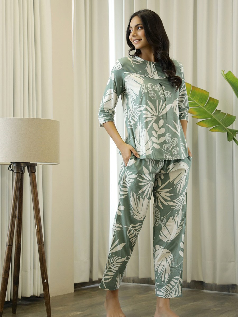 Green Floral Round Neck Cotton Top and Pyjama Set