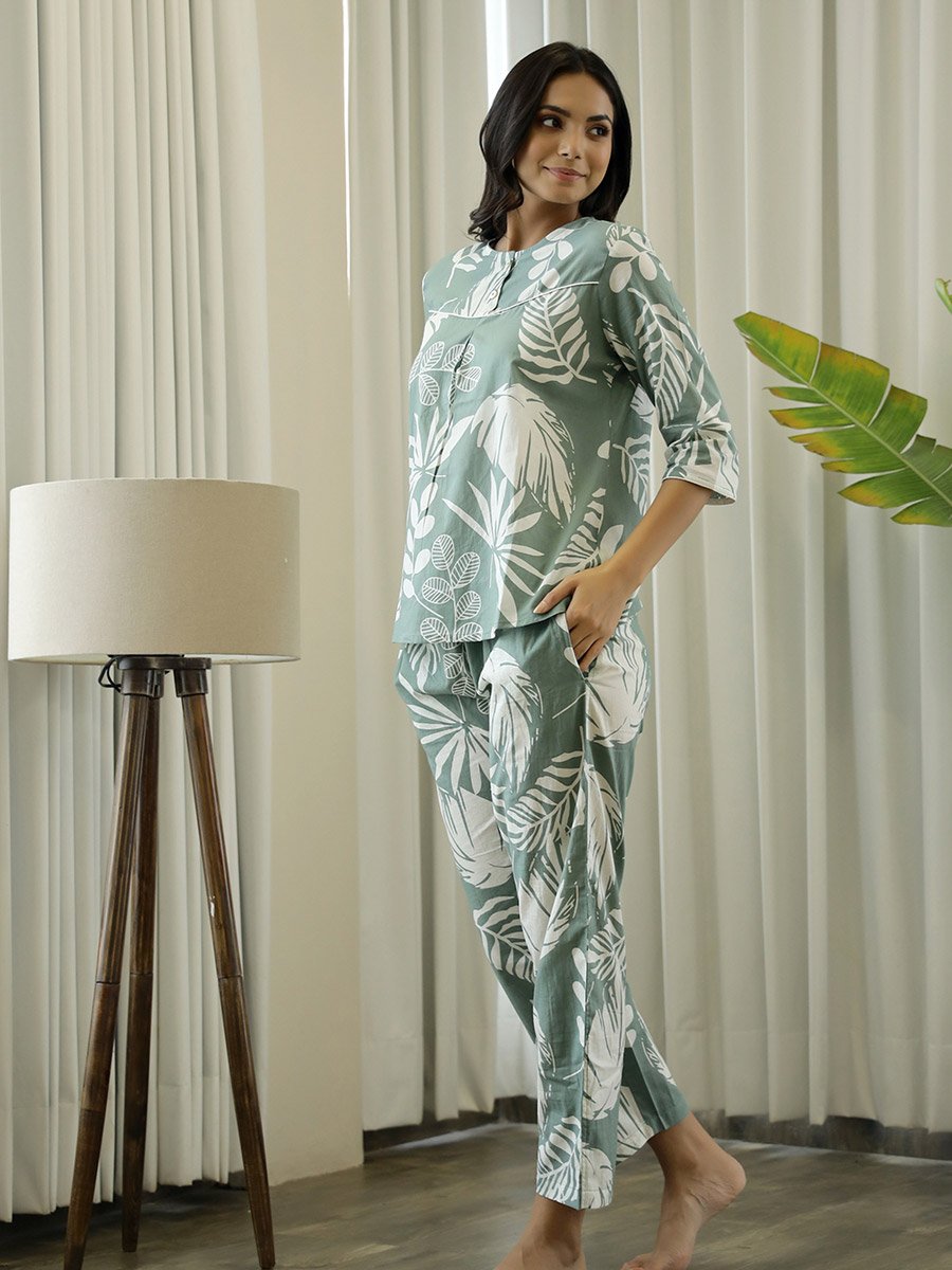 Green Floral Round Neck Cotton Top and Pyjama Set