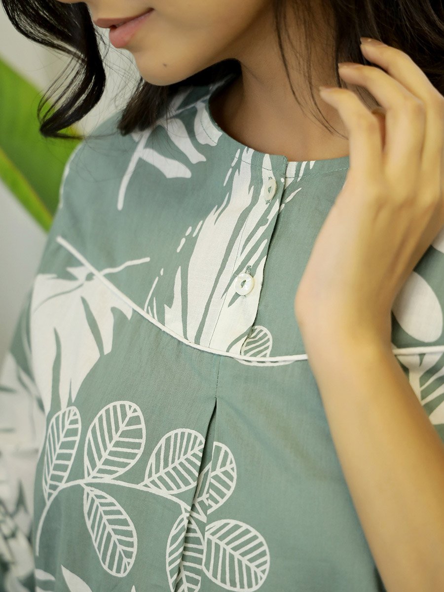 Green Floral Round Neck Cotton Top and Pyjama Set