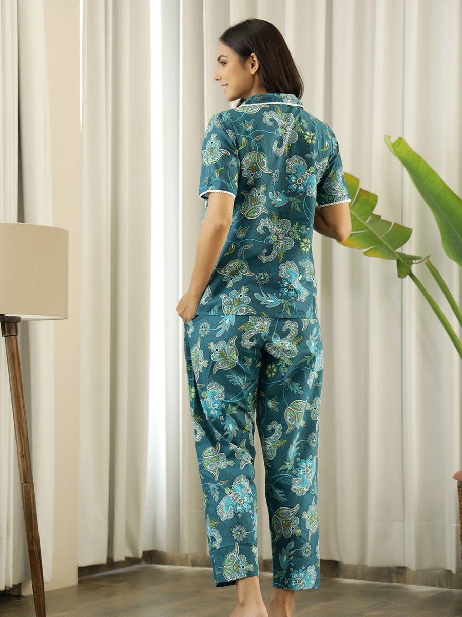 Green Floral Cotton Shirt and Pyjama Set