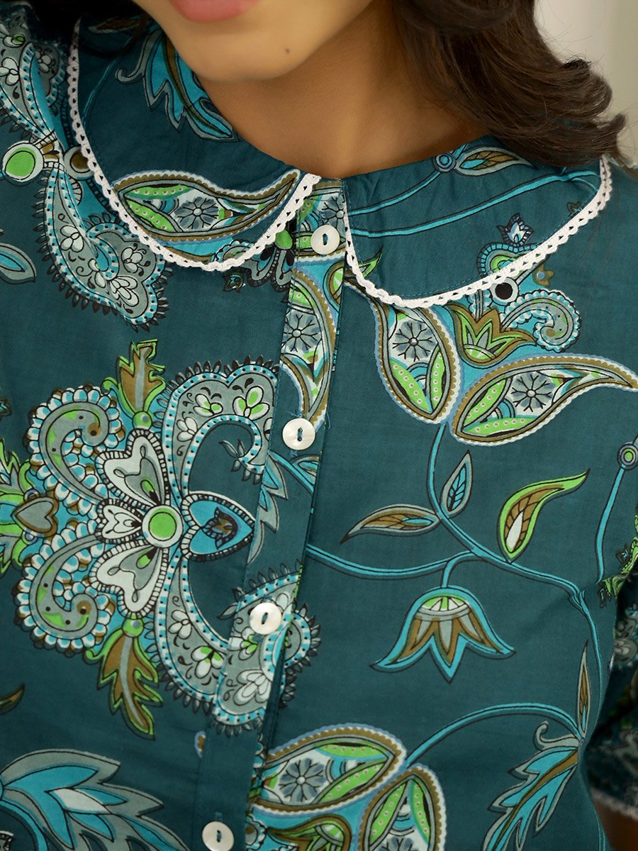 Green Floral Cotton Shirt and Pyjama Set