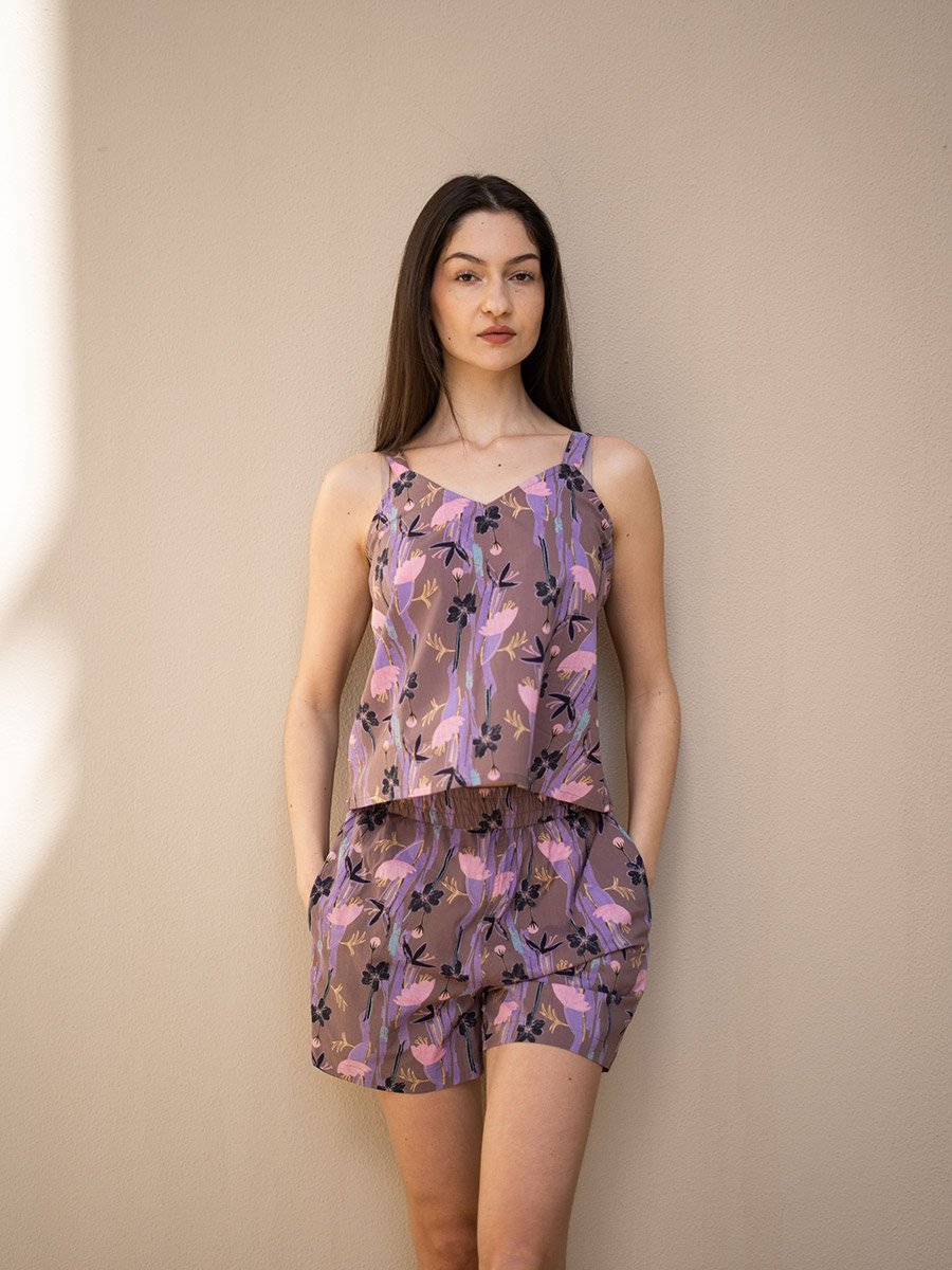 Pack of 3 - Floral Lapel Collar Cotton Shirt, Cami and Shorts Set