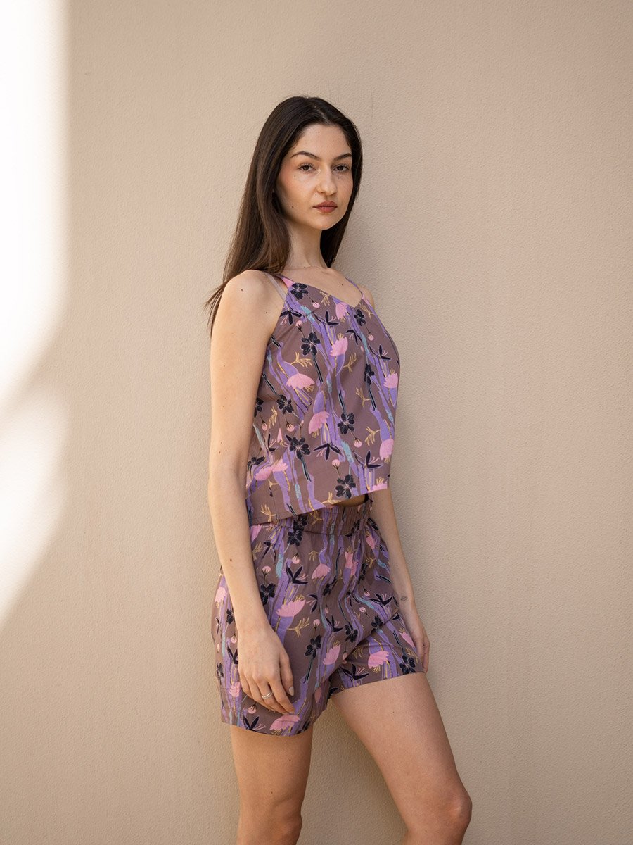 Pack of 3 - Floral Lapel Collar Cotton Shirt, Cami and Shorts Set