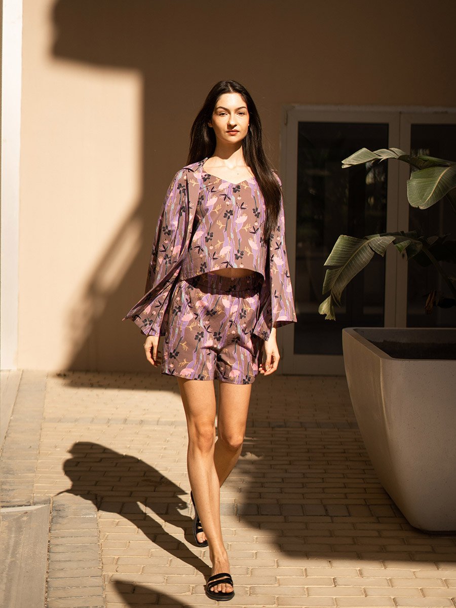 Pack of 3 - Floral Lapel Collar Cotton Shirt, Cami and Shorts Set