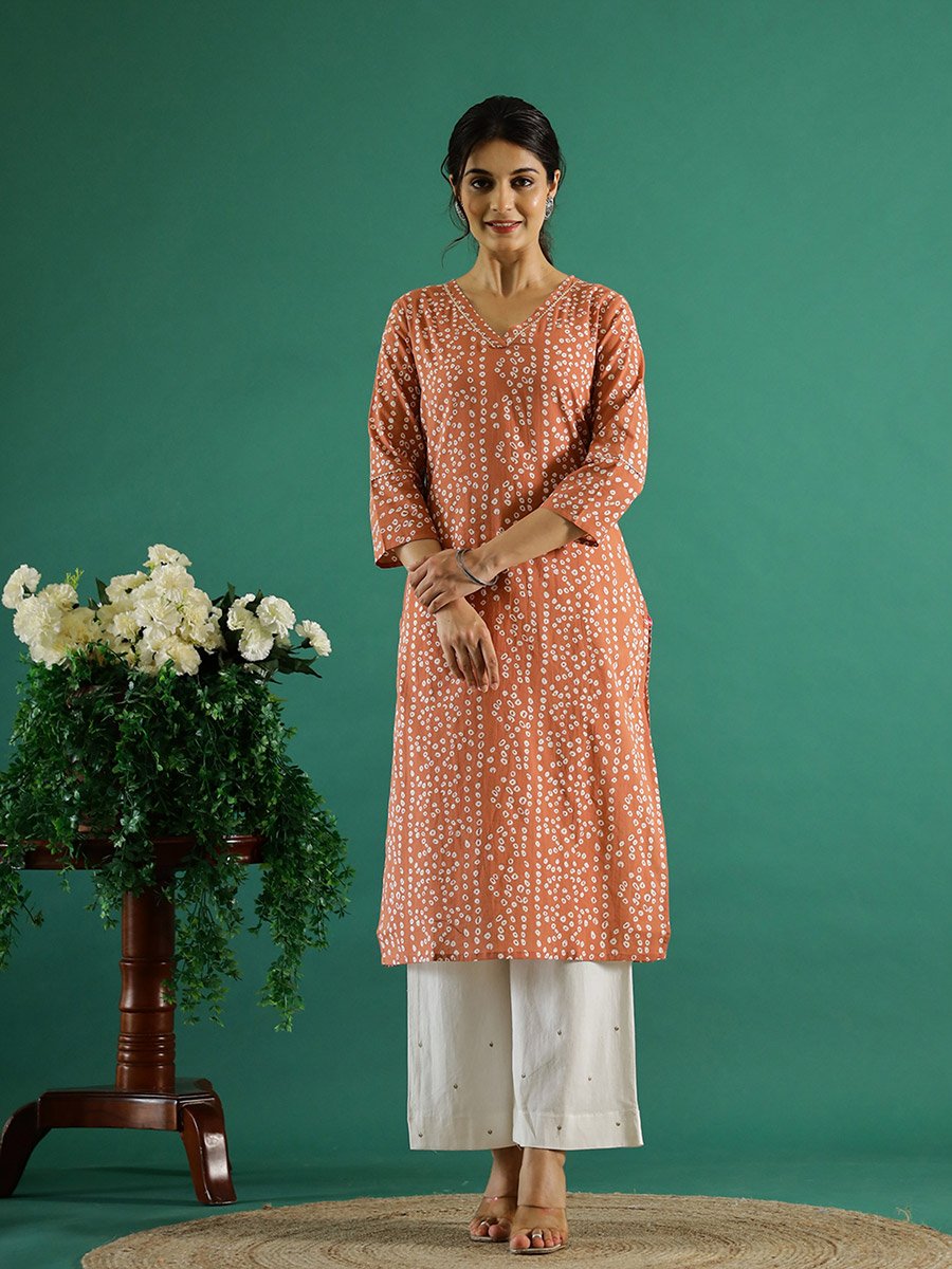 Peach Bandhani Print V Neck Kurta