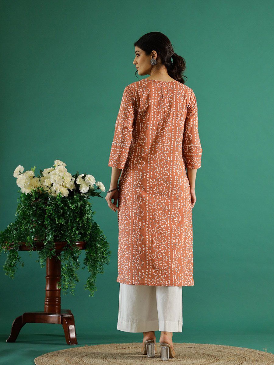 Peach Bandhani Print V Neck Kurta