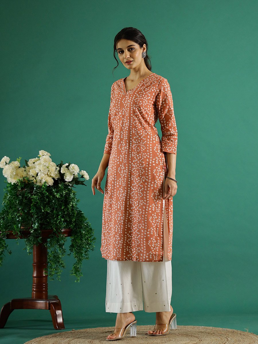 Peach Bandhani Print V Neck Kurta