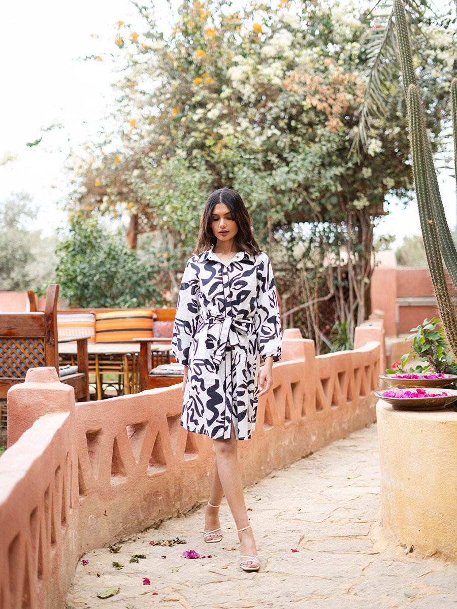 White All Over Print Shirt Knee Length Dress