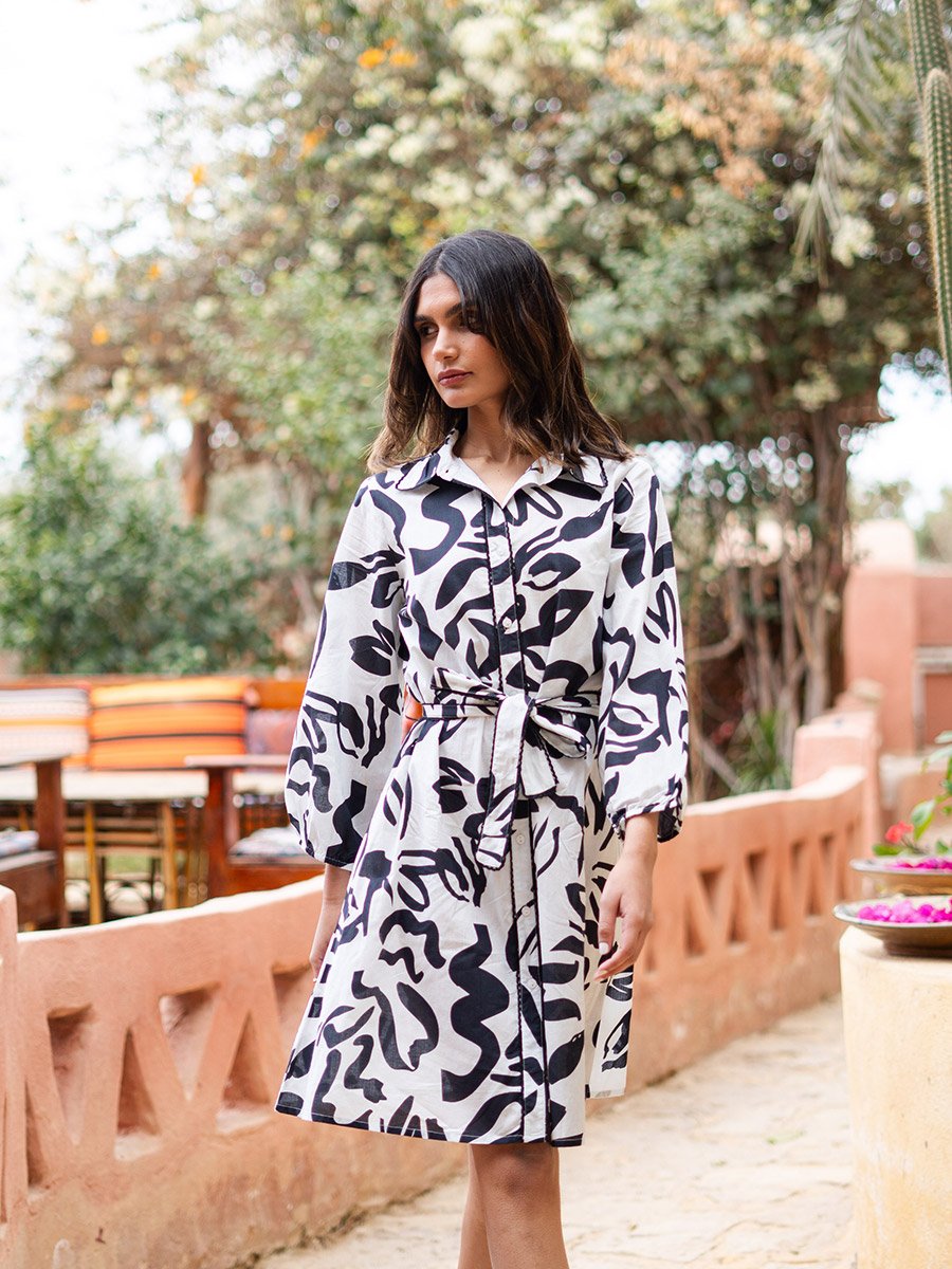 White All Over Print Shirt Knee Length Dress