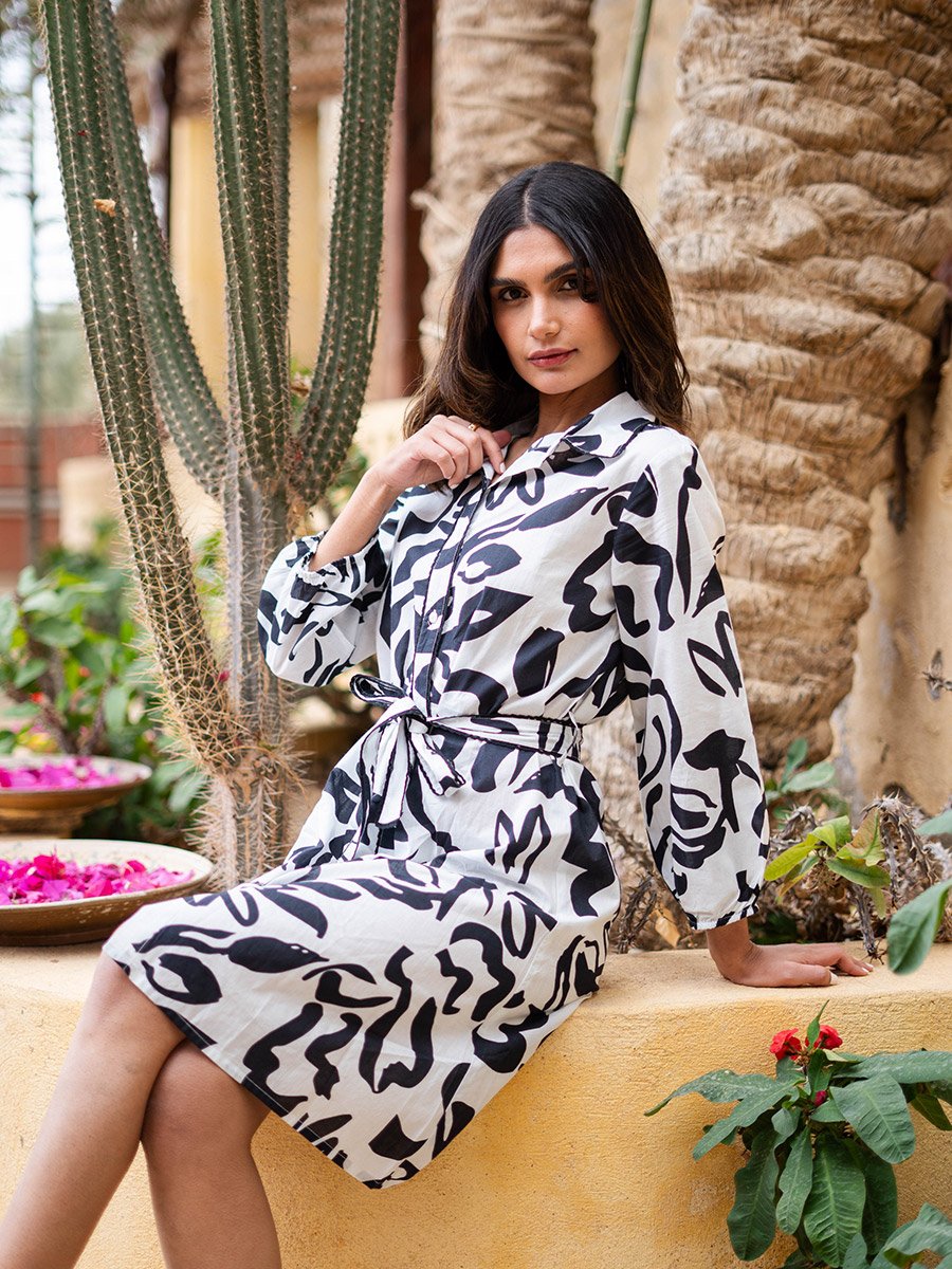 White All Over Print Shirt Knee Length Dress