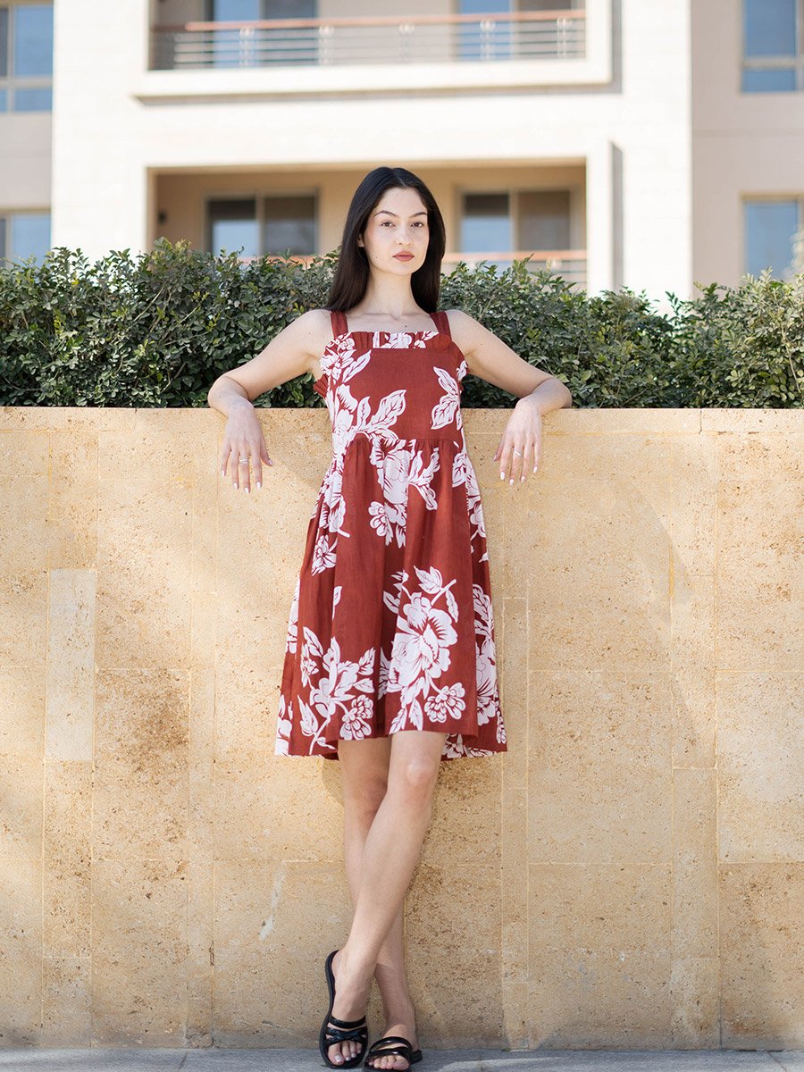Rust Floral Print Square Neck Mini Dress