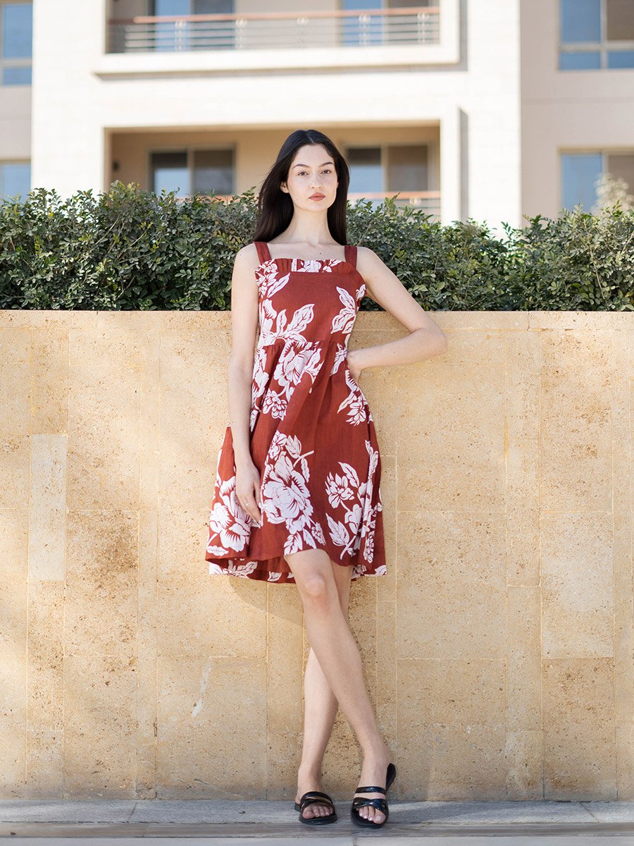 Rust Floral Print Square Neck Mini Dress