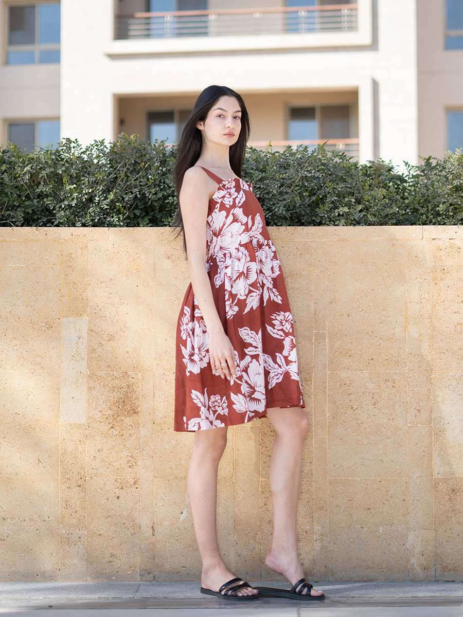 Rust Floral Print Square Neck Mini Dress