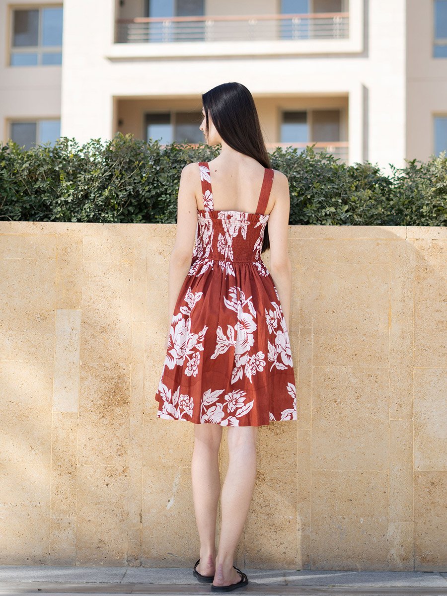 Rust Floral Print Square Neck Mini Dress