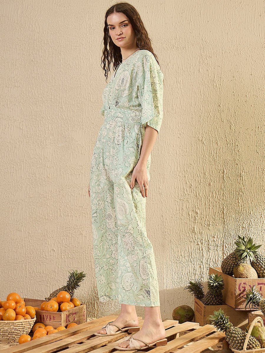 Green Floral Print V Neck Cotton Jumpsuit