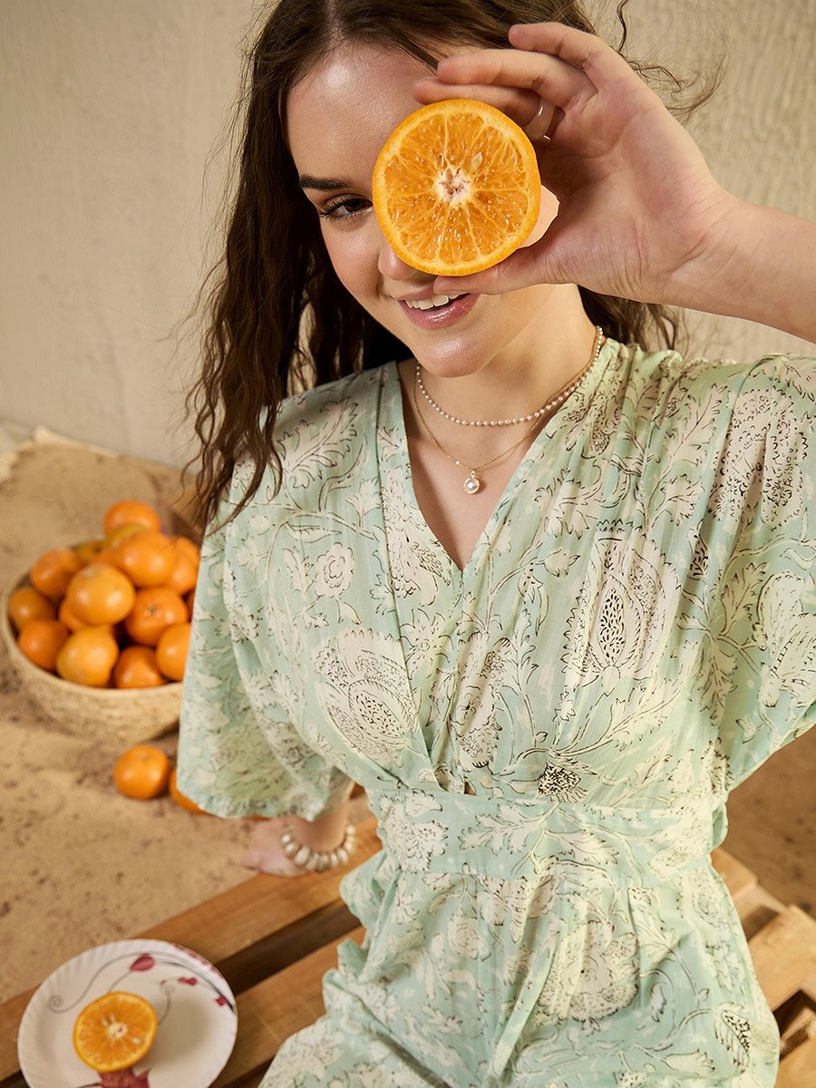 Green Floral Print V Neck Cotton Jumpsuit