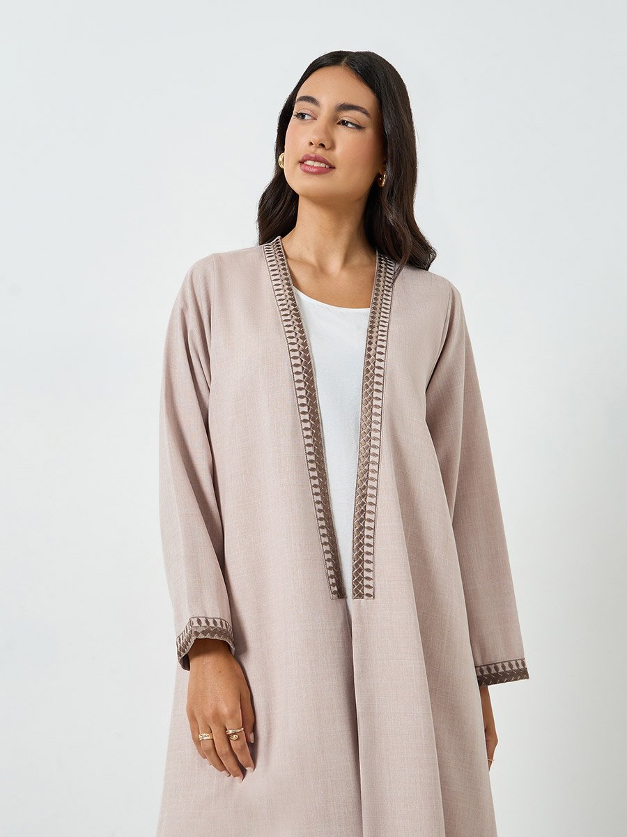 Beige Embroidered Open Front Abaya
