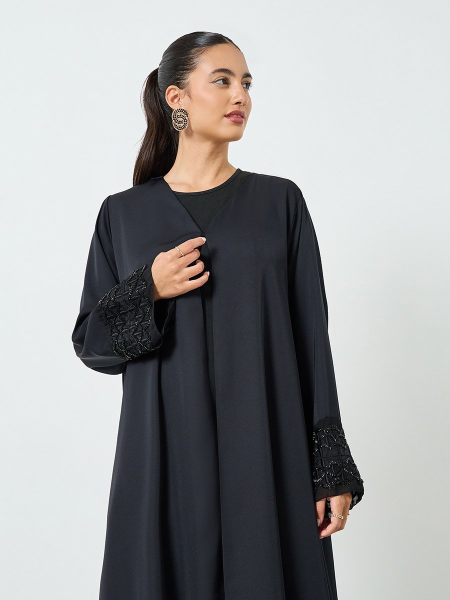 Black Embroidered Mesh Sleeve Cuff Open Front Abaya