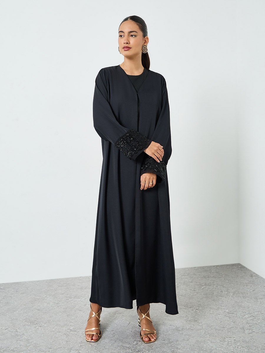 Black Embroidered Mesh Sleeve Cuff Open Front Abaya