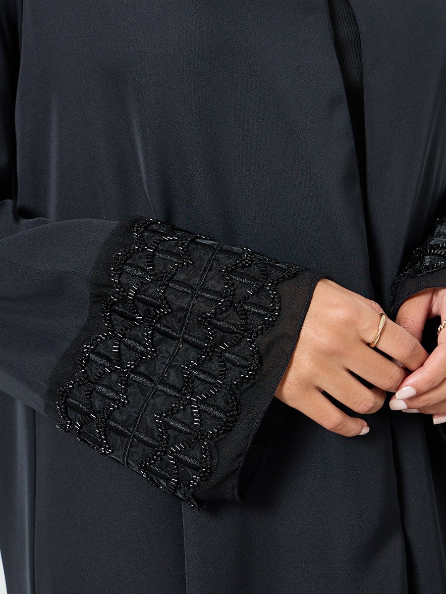 Black Embroidered Mesh Sleeve Cuff Open Front Abaya
