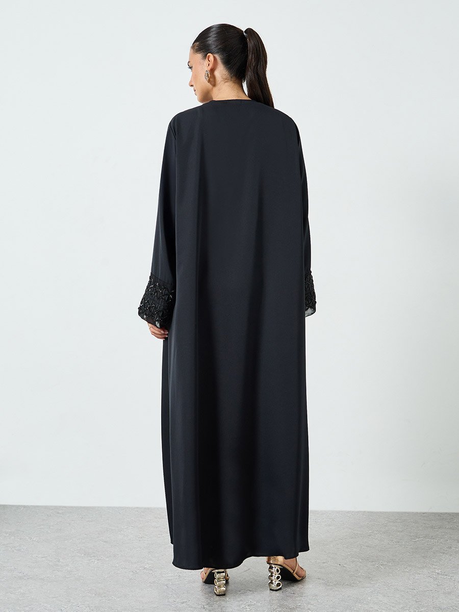Black Embroidered Mesh Sleeve Cuff Open Front Abaya