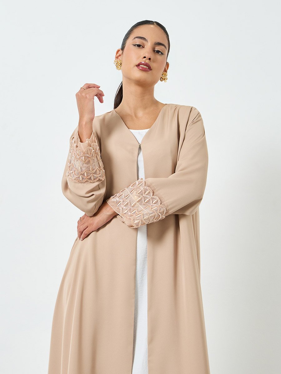 Beige Embroidered Mesh Sleeve Cuff Open Front Abaya