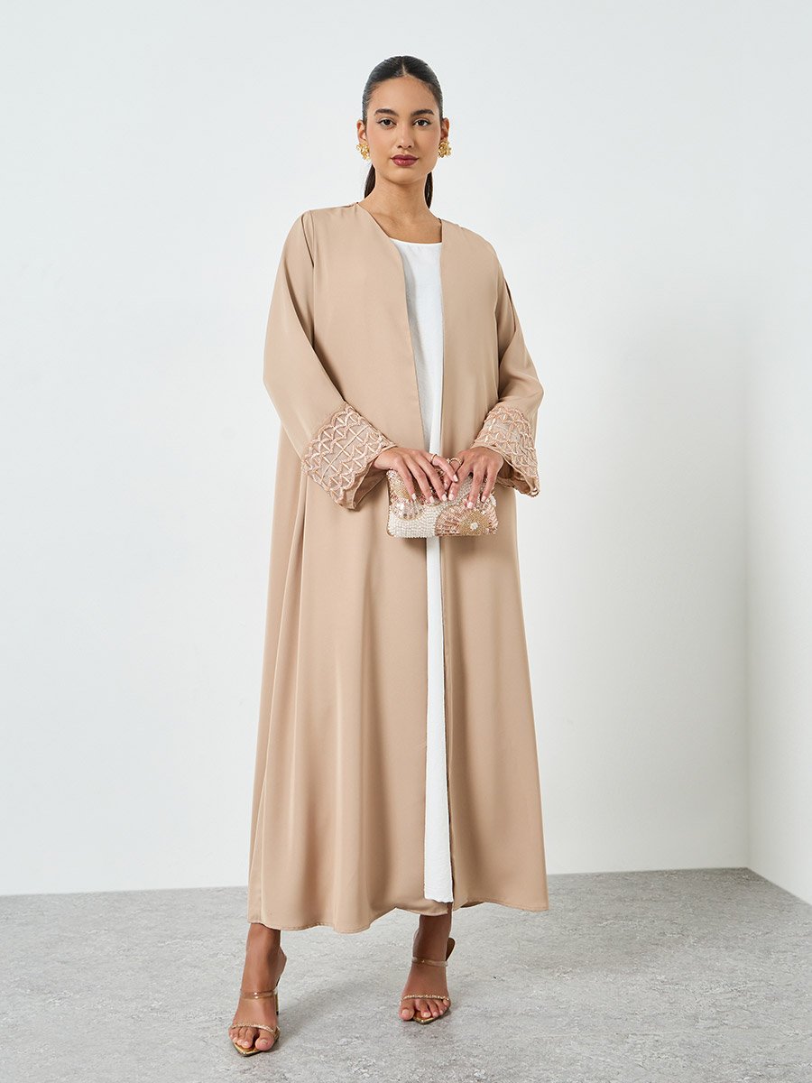 Beige Embroidered Mesh Sleeve Cuff Open Front Abaya