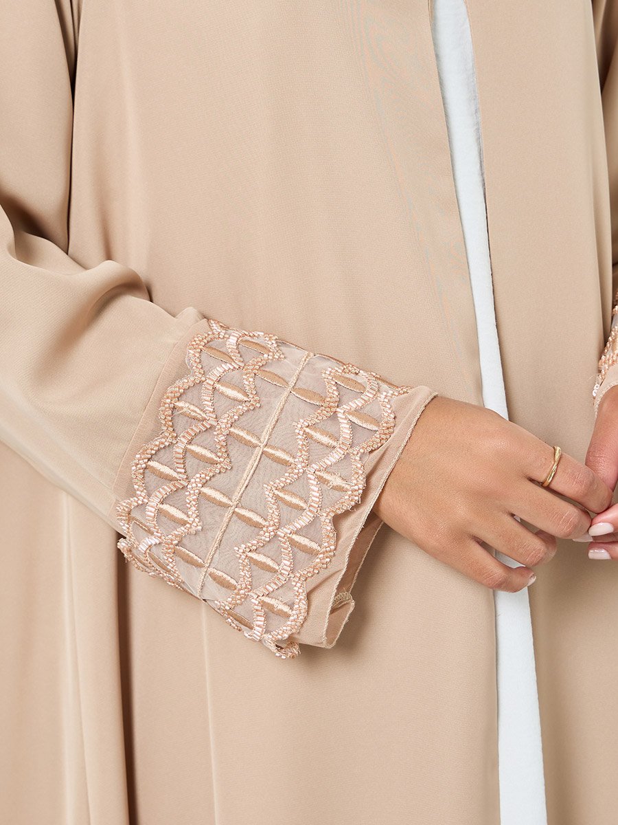 Beige Embroidered Mesh Sleeve Cuff Open Front Abaya
