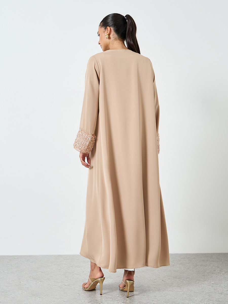 Beige Embroidered Mesh Sleeve Cuff Open Front Abaya