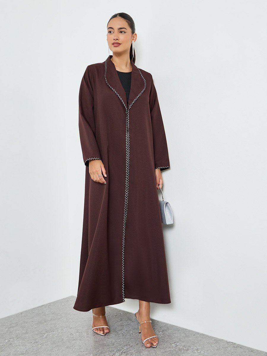 Brown Embroidered Trim A-Line Abaya
