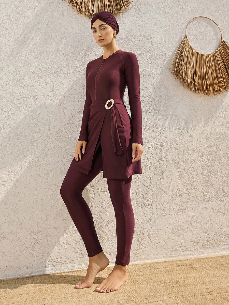 Pack of 3 -  Raglan Full Sleeve Wet Suit with Half Zip, Wrap Skirt and Cap Burkini Set