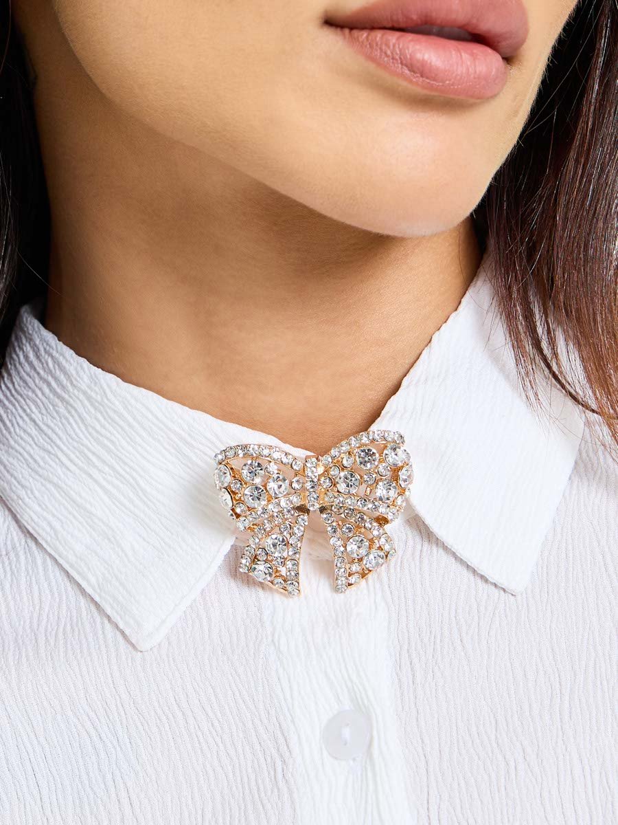 Gold Bow Brooch with Crystals