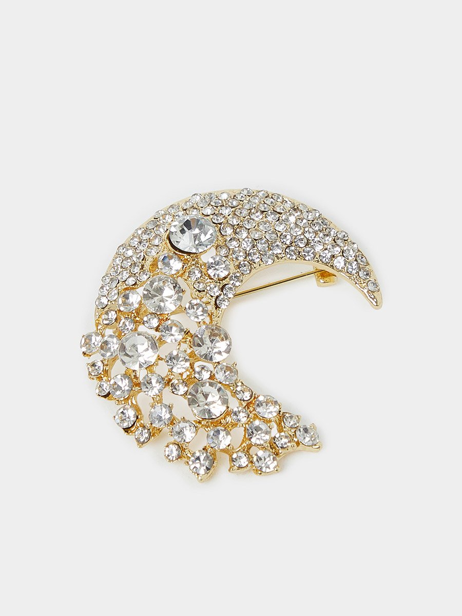 Gold-Tone Crescent Moon Embellished Brooch