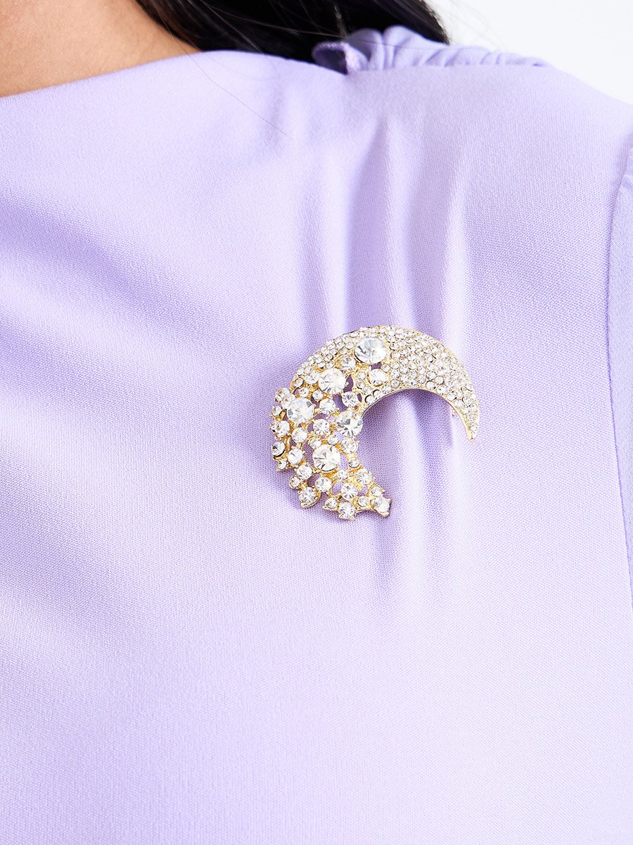 Gold-Tone Crescent Moon Embellished Brooch