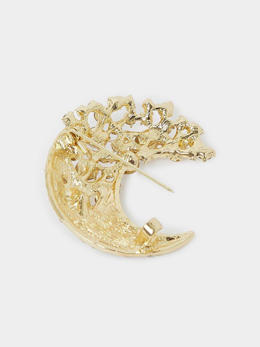 Gold-Tone Crescent Moon Embellished Brooch